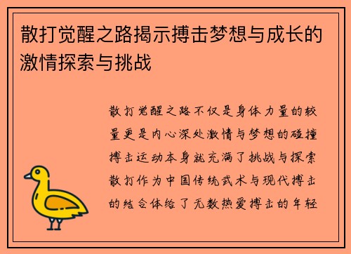 散打觉醒之路揭示搏击梦想与成长的激情探索与挑战