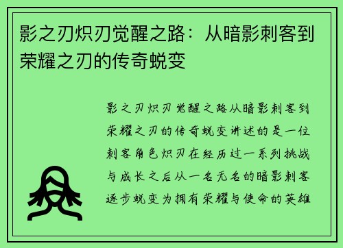 影之刃炽刃觉醒之路：从暗影刺客到荣耀之刃的传奇蜕变